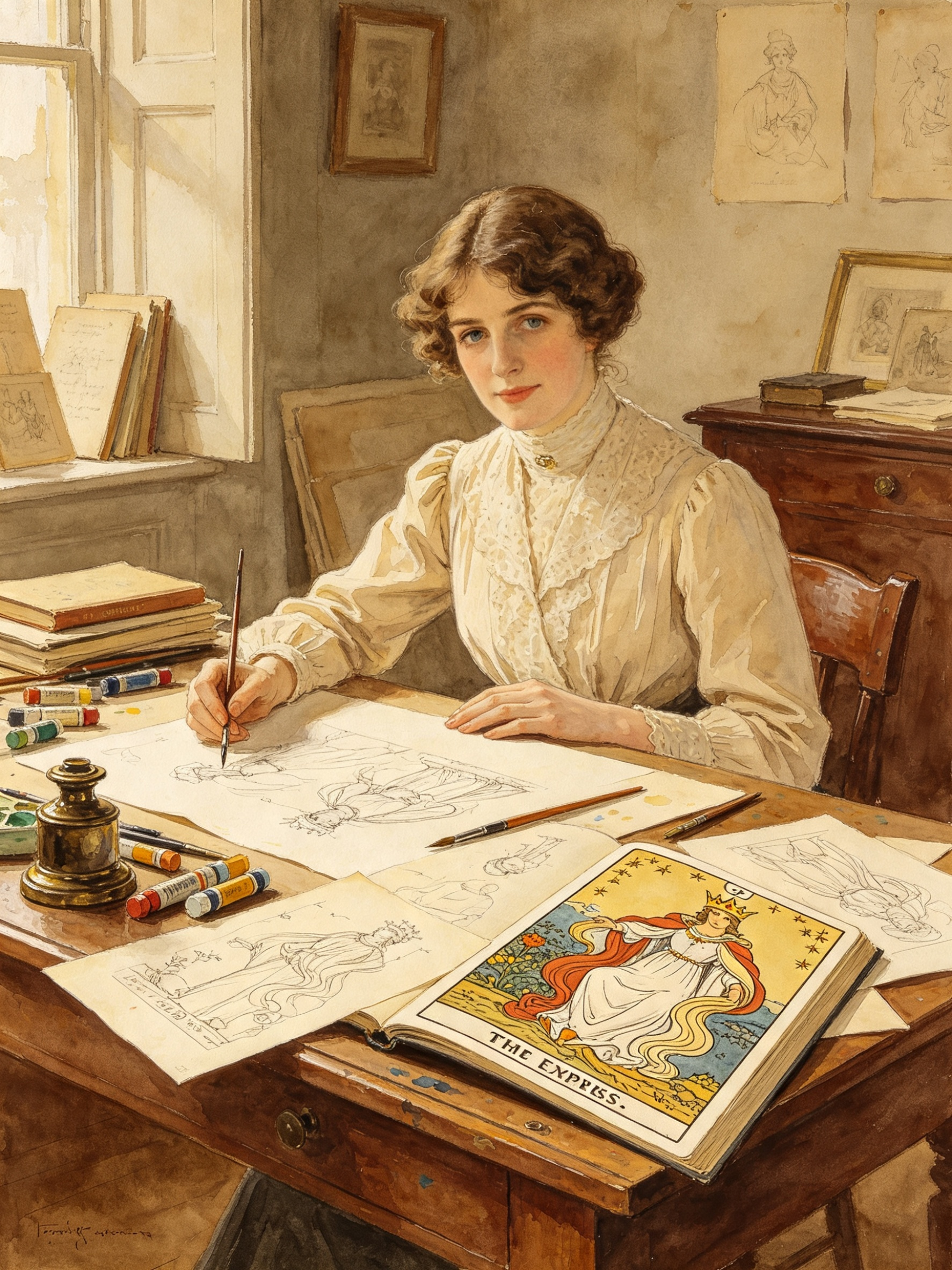 Portrait style illustration of Pamela Colman Smith with Tarot art
