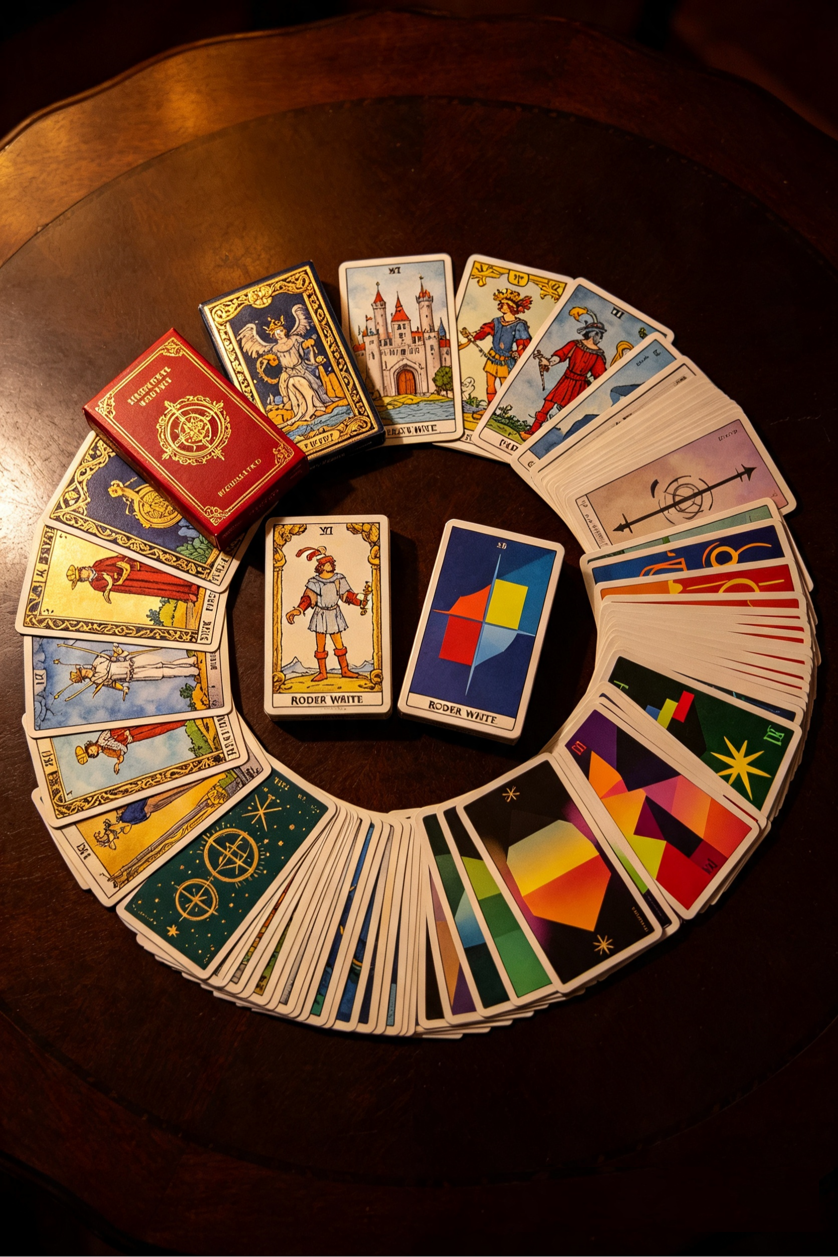 Different styles of Tarot decks arranged together